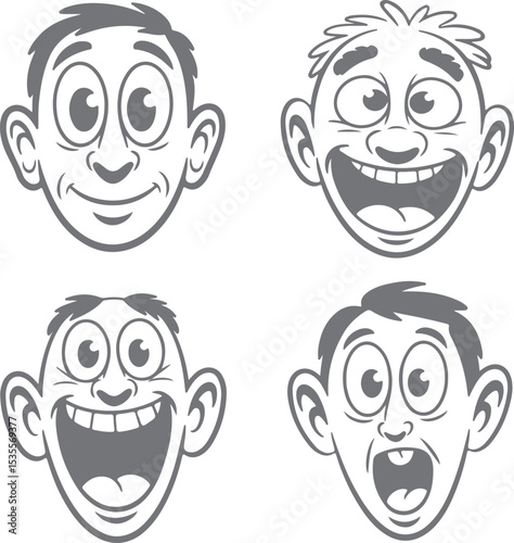 Four Gray Scale Cartoon Male Faces Showing Different Expressions Happy Surprised Shocked and Amazed Silhouette Style Illustration