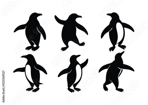 Silhouettes of cute penguins in different poses black and white design on a white background