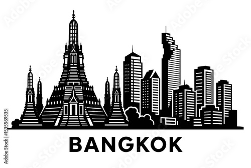 Dynamic Bangkok Cityscape Skyline Icon Vector - Famous Thai Temples and Modern Skyscrapers in Silhouette