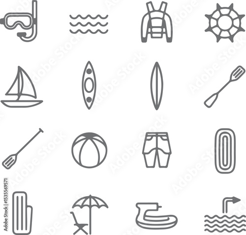Gray Silhouette Icons Set Water Sports Equipment Kayak Paddle Surfboard Snorkel Mask Life Vest Inflatable Ring Beach Ball Shorts Sailboat