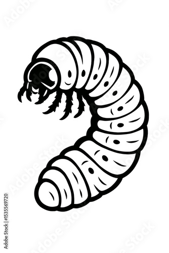 Detailed Black and White Grub Worm Icon Vector - Insect Larva Illustration for Nature and Garden Themes
