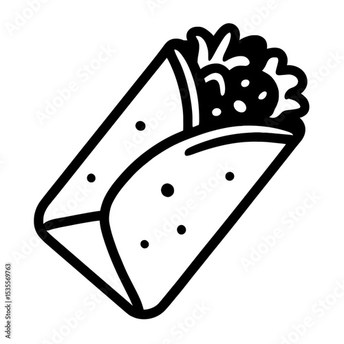 Tasty Black and White Burrito Icon Vector - Mexican Food Wrap Illustration for Fast Food and Casual Dining