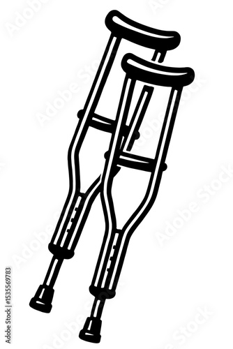 Pair of Medical Crutches Icon Vector - Black and White Mobility Aid Symbol for Recovery and Support