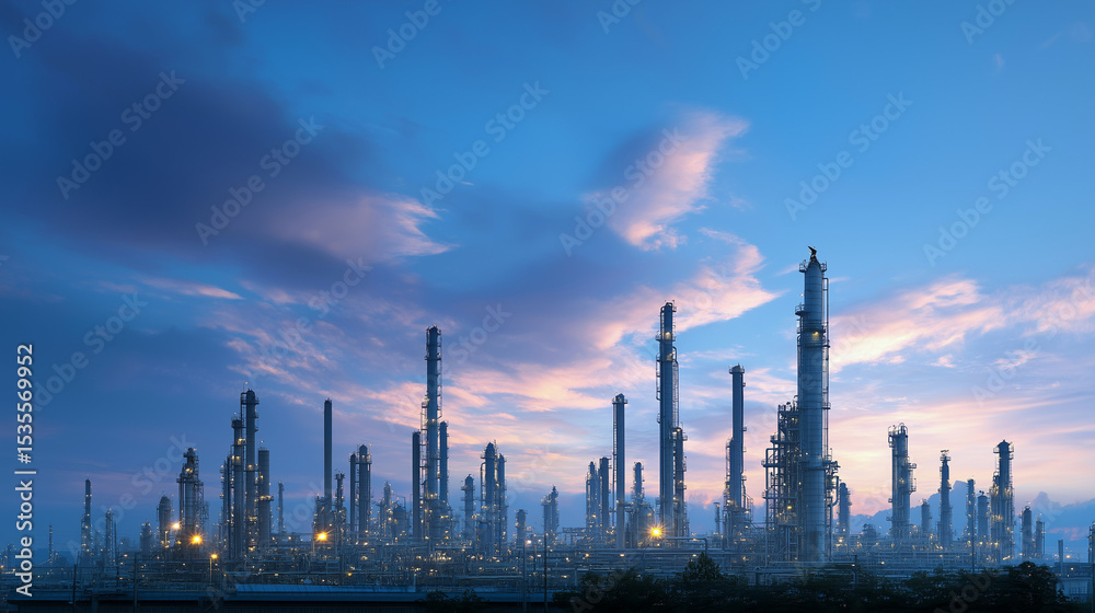 Fototapeta premium Abstract refinery silhouette with geometric shapes against gradient sky, symbolizing industrial innovation and modern energy production.