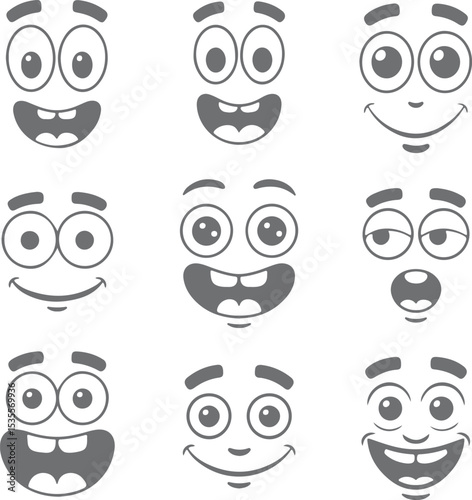 Nine Gray Cartoon Faces Showing Various Expressions Happy Surprised Sleepy Smiling Wide Open Eyes Big Mouths Simple Silhouette Style