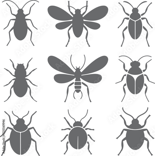Nine Gray Insect Silhouettes Collection Beetle Bug Icon Set Graphic Design Elements for Pest Control Agriculture Nature Theme