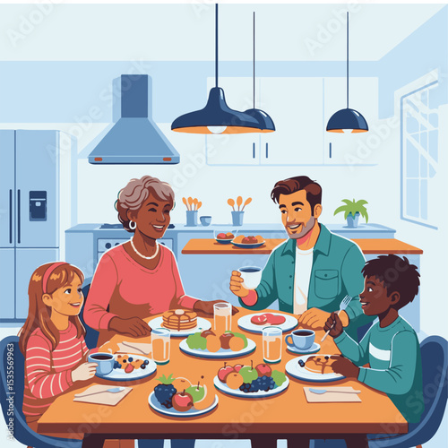 Happy Family Enjoying Breakfast Together in Cozy Kitchen