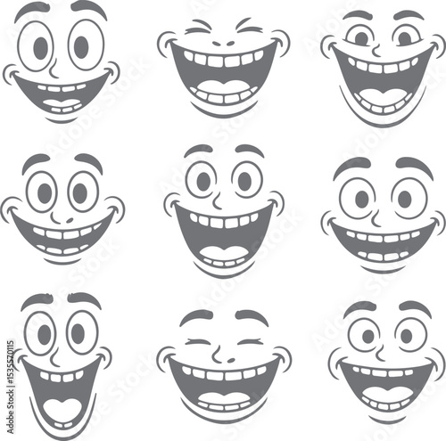 Nine Gray Scale Cartoon Faces Showing Wide Open Mouths and Exaggerated Expressions of Joy and Laughter Silhouette Style Illustrations