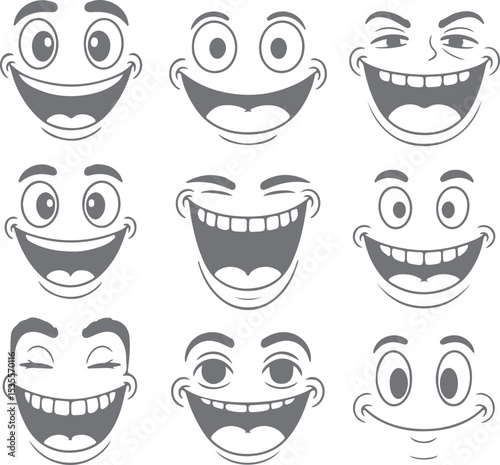 Nine Gray Scale Cartoon Face Silhouettes Displaying Various Happy Expressions Wide Open Mouths Big Eyes