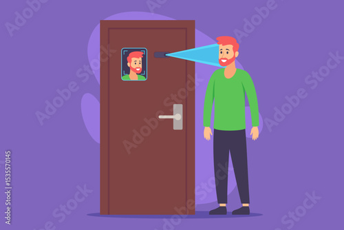 Robotic device communicating with person standing at door. Automated technology, seamless interaction concept
