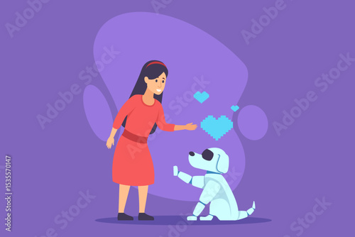 Girl in red dress kneeling beside robotic dog, extending her hand as hearts floating above them, suggesting affection and joy in colorful background