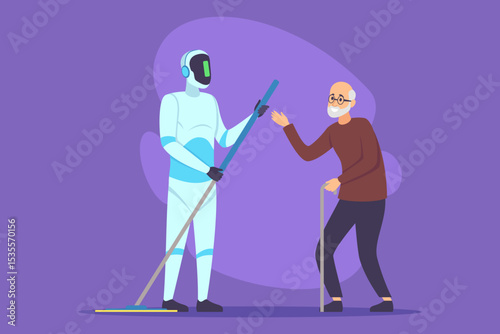 Robotic helper interacting with elderly individual in bright and friendly environment. Robot holding cleaning tool while older person gesturing, indicating assistance with chores