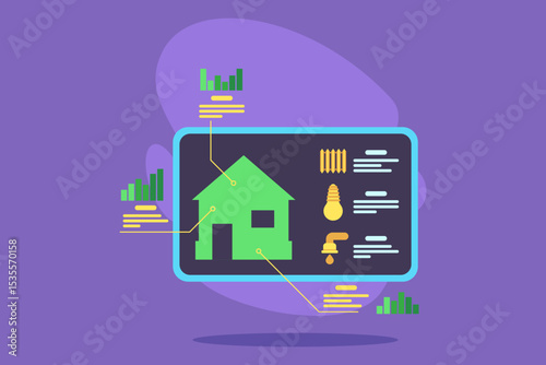 Digital interface with various home automation metrics including energy usage, temperature control, and water management, illustrating smart living