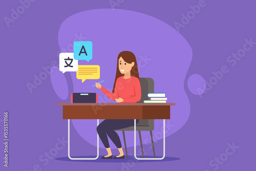 Woman sitting at desk working with robotic assistant providing language translation support