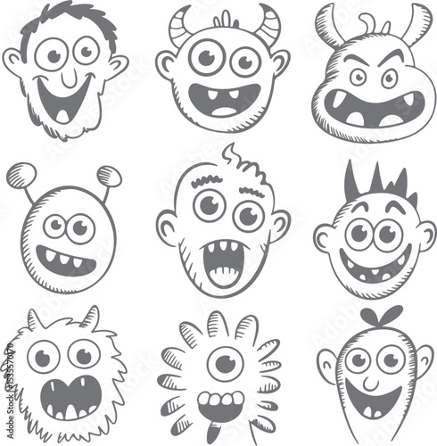 Nine Gray Scale Hand Drawn Cartoon Monster Faces with Big Eyes and Wide Open Mouths Smiling and Frowning Silhouette Style Illustrations