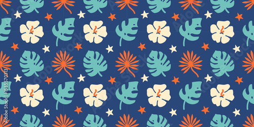 Hawaii vibe seamless background. Hand-drawn palm leaves and exotic flowers create a lively endless wallpaper ideal for summer fashion, textiles, and cheerful projects