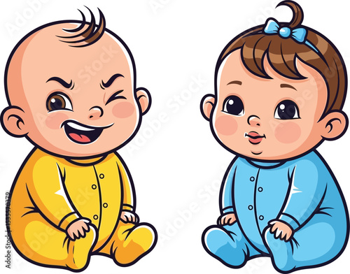 Two cartoon babies sitting next to each other one winking and smiling the other looking straight ahead