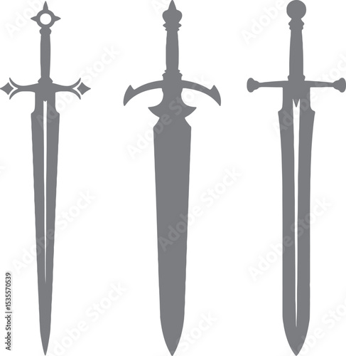 Three Grey Sword Silhouettes Medieval Style Weaponry Set Fantasy Game Design Elements Simple Flat Vector Illustration