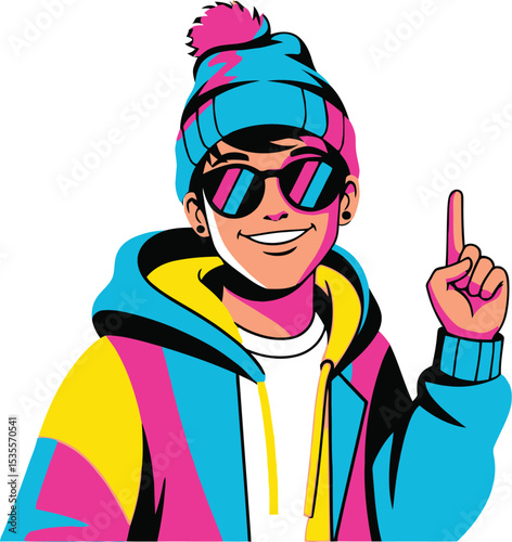 A cartoon of a young man wearing sunglasses and a beanie pointing upwards with a colorful jacket on white