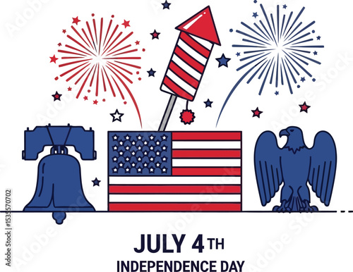 A patriotic illustration featuring the liberty bell, american flag, eagle, rocket and fireworks