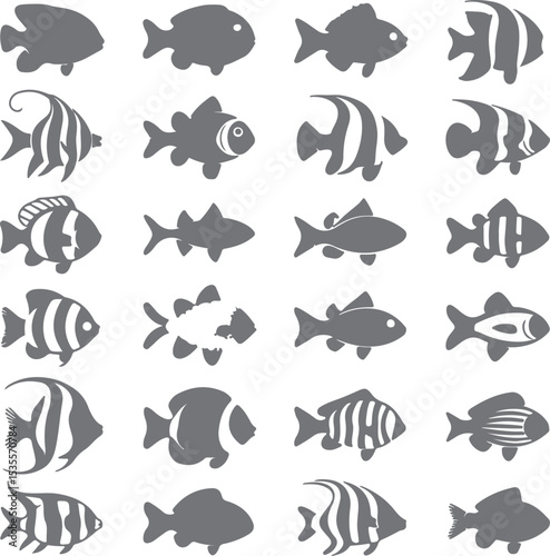Collection of Gray Fish Silhouettes Diverse Aquatic Life Forms Simple Vector Icons Set Marine Animal Graphics