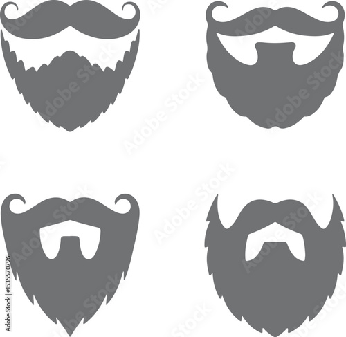 Four Gray Silhouette Styles of Mustaches and Beards on White Background Different Facial Hair Designs for Men Vector Illustration