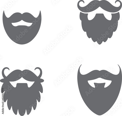 Four Gray Silhouette Styles of Mustaches and Beards Set Isolated on White Background Different Types of Facial Hair Vector Icons