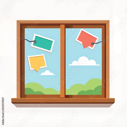 Colorful classroom window with motivational notes, uplifting atmosphere
