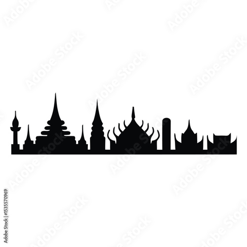 Bangkok Riverside Skyline Icon, Vector, Illustration, Icon, Outline, Line Art, Silhouette, Logo, White Background.