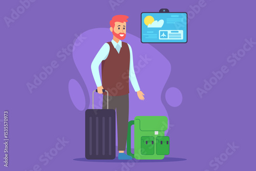 Man standing in airport terminal, holding suitcase and backpack. looking at overhead information screen showing flight details