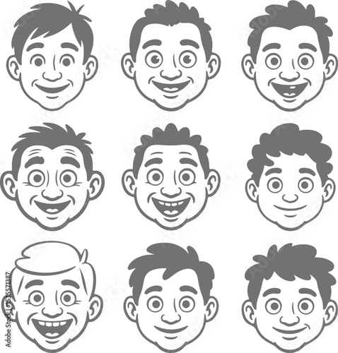 Nine Gray Scale Cartoon Male Faces Smiling Expressions Various Hairstyles Headshots Silhouette Illustrations