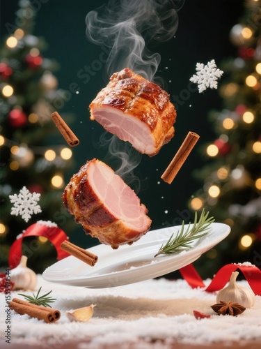 Sliced roasted meat with cinnamon sticks and rosemary, set against a festive Christmas background with decorated trees and snowflakes.