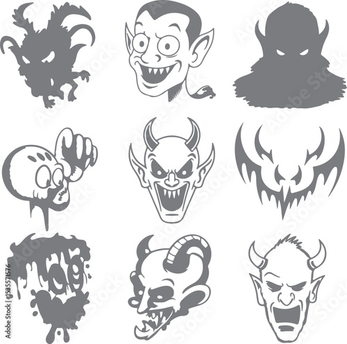 Nine Gray Scale Monster Silhouettes Halloween Devil Vampire Skull Designs Graphic Illustrations