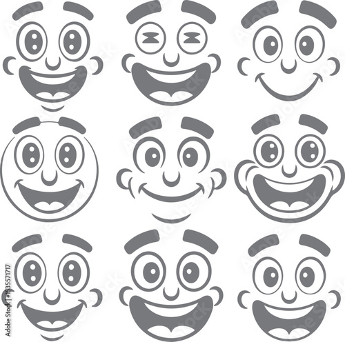 Nine Grey Cartoon Faces Smiling Expressions Happy Cheerful Big Eyes Wide Open Mouths Simple Design Silhouette Illustrations