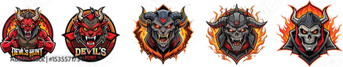 red and black tribal tattoo, Fiery Devil Mascot Logo Collection, Aggressive Demon Skull Esport Emblems, Mythical Horned Creature Gaming Badges