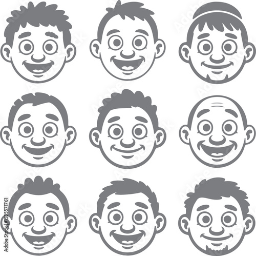 Nine Grey Scale Cartoon Male Faces Smiling Happy Expressions Different Hairstyles Headshots Silhouette Style Illustrations