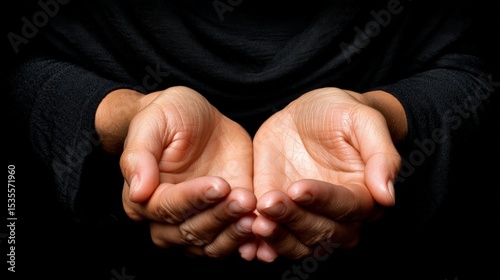Close-up of cupped hands held together against a dark background, symbolizing care and support