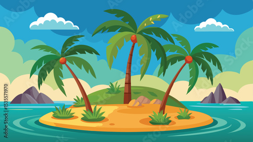 Cartoon Tropical Island Paradise with Palm Trees, Blue Sea, and Cloudy Sky
