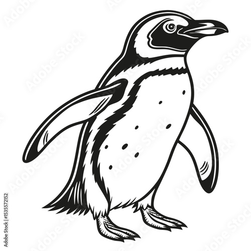 Stylized black and white illustration of a playful penguin looking towards the right