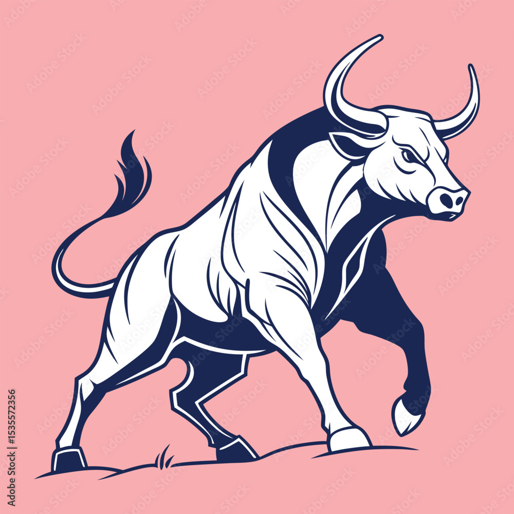 Fototapeta premium Powerful Charging Bull Vector Illustration on Pink
