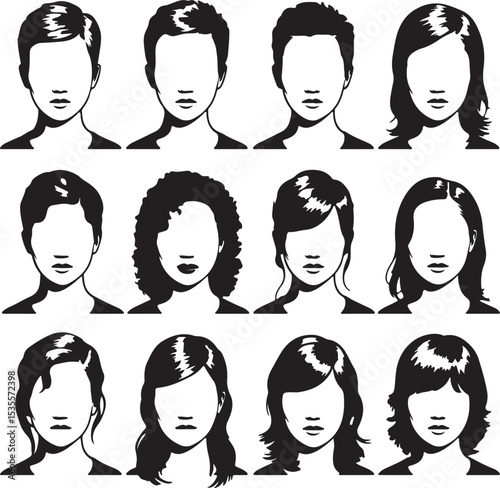 Twelve faceless female head silhouette illustrations various hairstyles black and white graphic design elements