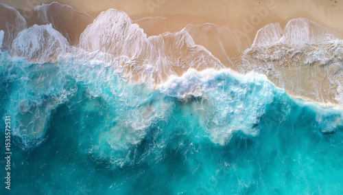 Aerial view of turquoise ocean waves crashing onto sandy beach shoreline, tropical paradise, vacation destinationGenerative ai