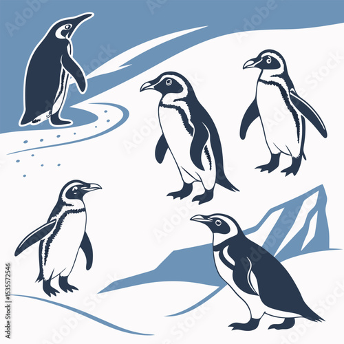 Stylized illustration featuring five adorable penguins posing on icy antarctic terrain