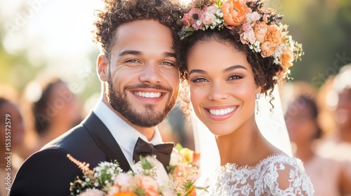 Radiant Wedding Couple Portrait: A portrait of a couple on their wedding day, brimming with happiness and love, as they look at the camera, with the soft focus background