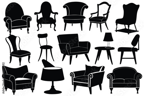 Collection of black silhouette furniture designs including chairs armchairs table lamps and sofas