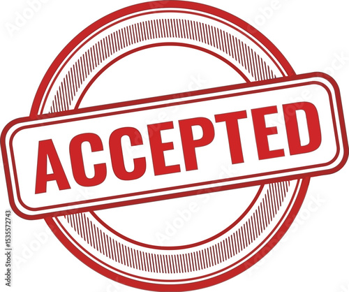 A red accepted stamp with a double lined circle and a rectangular box on a white background image