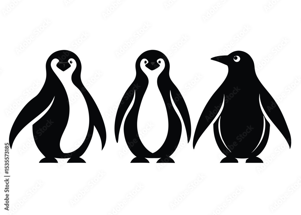 Fototapeta premium Three stylized penguin illustrations in black and white simple modern graphic design style