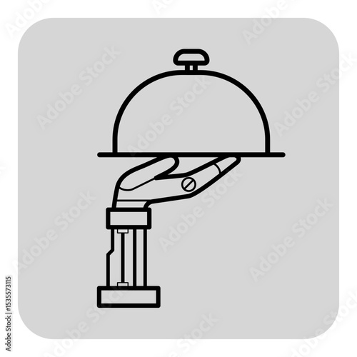 Robotic hand holding cloche, symbolizing automated service. Blend of technology and hospitality, illustrating modern dining concepts