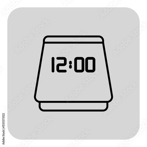 Simple, minimalistic line icon of digital alarm clock displaying time as twelve oclock. Clarity and modern design with gray background
