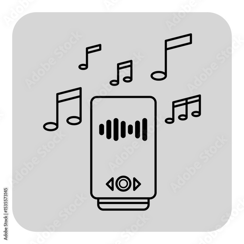Line drawing of music player on light gray background, surrounded by music notes, signifying sound and playback functionalities
